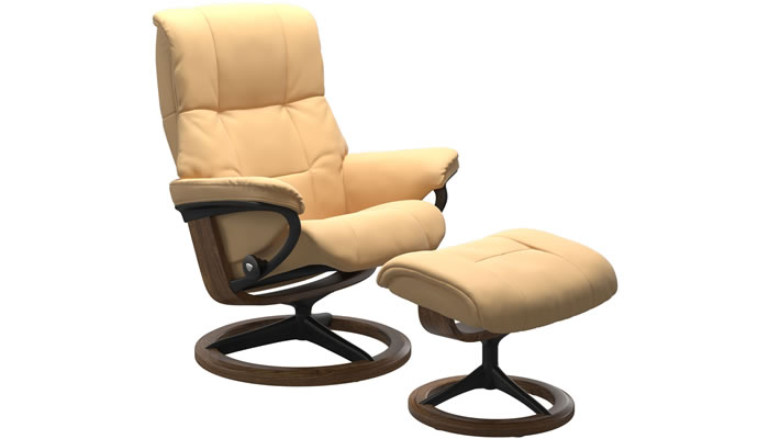 Stressless Mayfair Recliner with Signature Base and Stool in Batick Yellow Leather